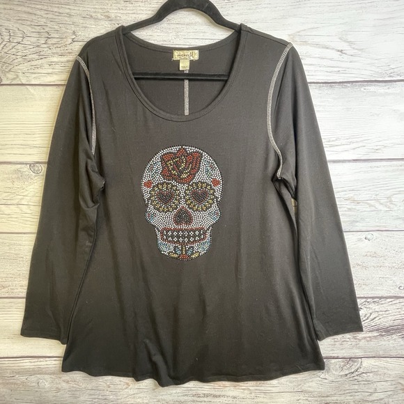 ONE WORLD Tops - One World Top Size L  Black Goth Floral Rhinestone Studded Skull Whimsical